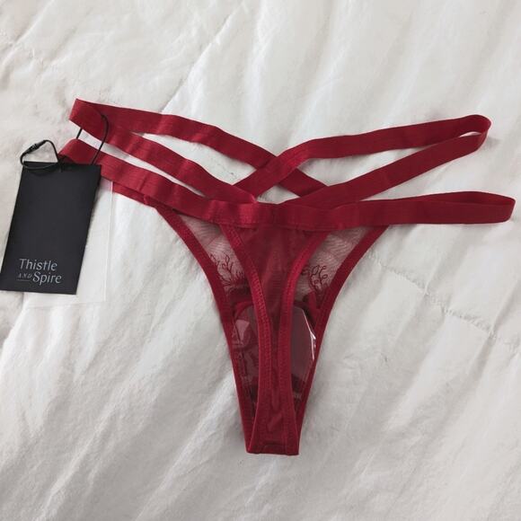 Thistle & Spire Verona Floral Embroidered Crimson Strappy Thong Panties NWT - Picture 2 of 5